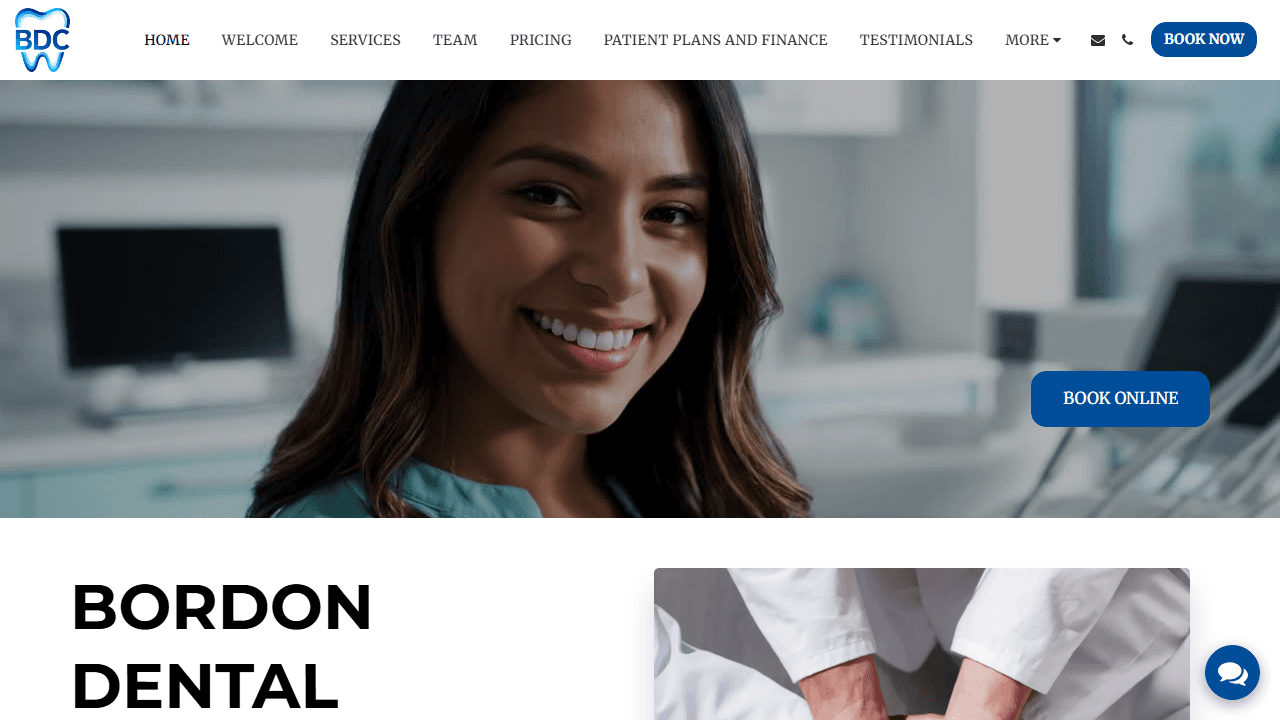 Bordon Dental Centre homepage hero: smiling patient in a dental chair with the Book Online call-to-action visible.