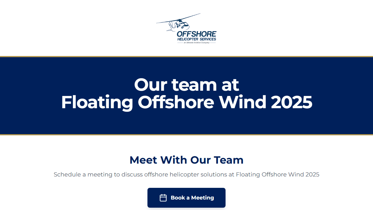 Meet the Team conference app homepage: OHS branding, a navy hero band reading 'Our team at Floating Offshore Wind 2025', and a 'Book a Meeting' CTA.