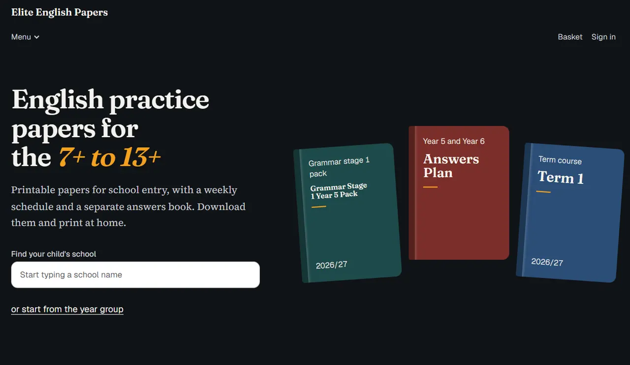 Elite English Papers' shop homepage: English practice papers for the 7+ to 13+, with a school search.